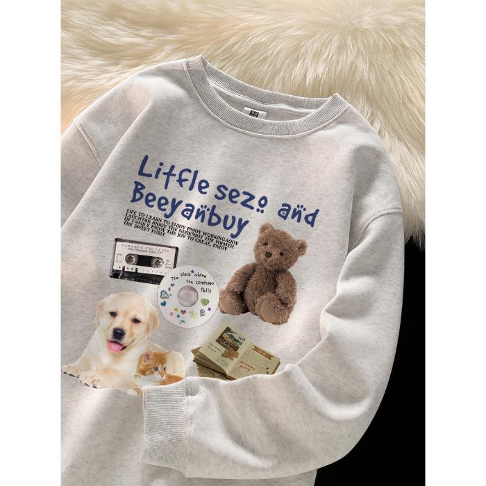 

American retro white gray puppy print crew neck sweater female new velvet student cute 3XL
