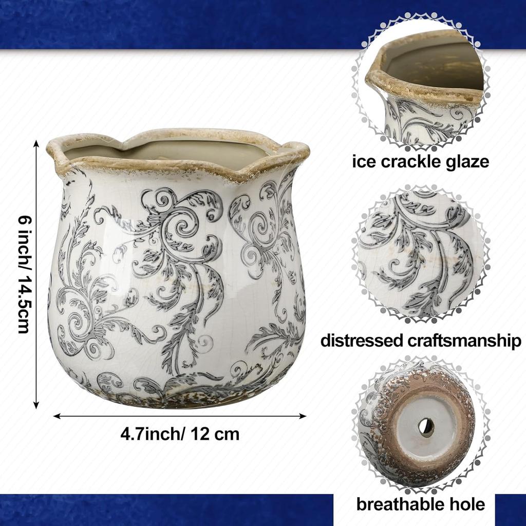 6 Inch Ceramic Planter Gray Scroll Planter Decorative Plant Pots with Crackle Glaze for Home Kitchen