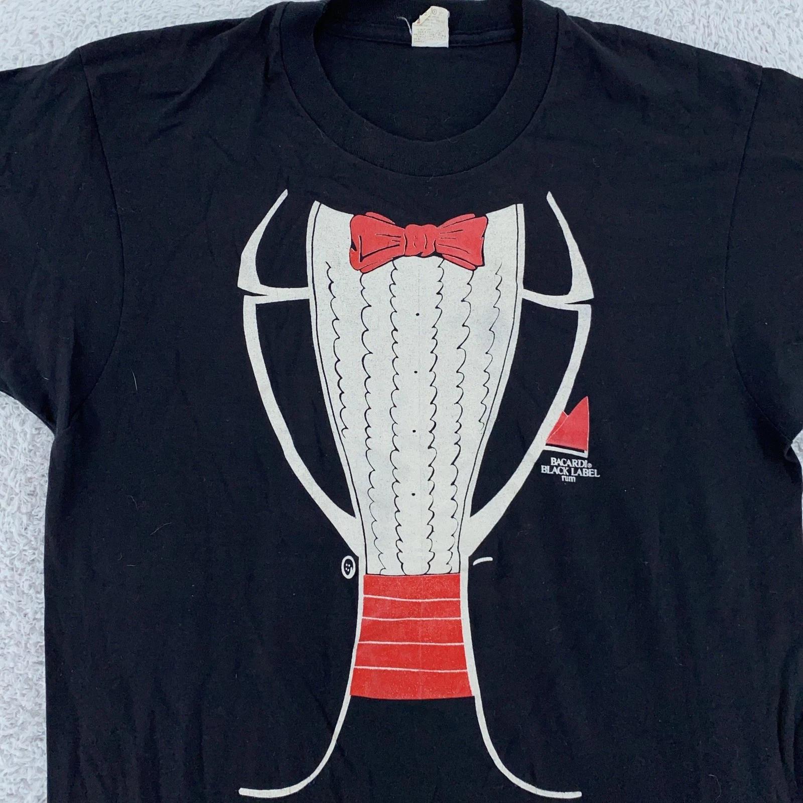 Vintage Bacardi Black Label Shirt Mens S/M Black Tuxedo Promo Rum 80s Bar Tee 3XL