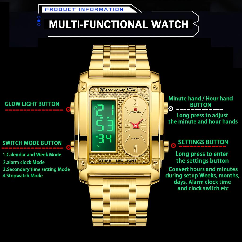 VA VA VOOM Men Watch Men’s Digital Watches with Dual-movement Display, Electronic Display + Analog Display,Stainless Steel Luminous Alarm Wristwatch