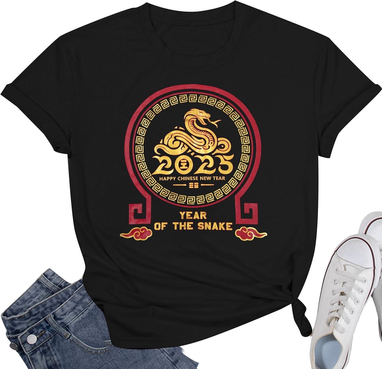 Year of The Snake 2025 Shirt Women Chinese Lunar New Year T-Shirt Vintage Zodiac Graphic Short Sleeve Tops XXXXXL чёрный