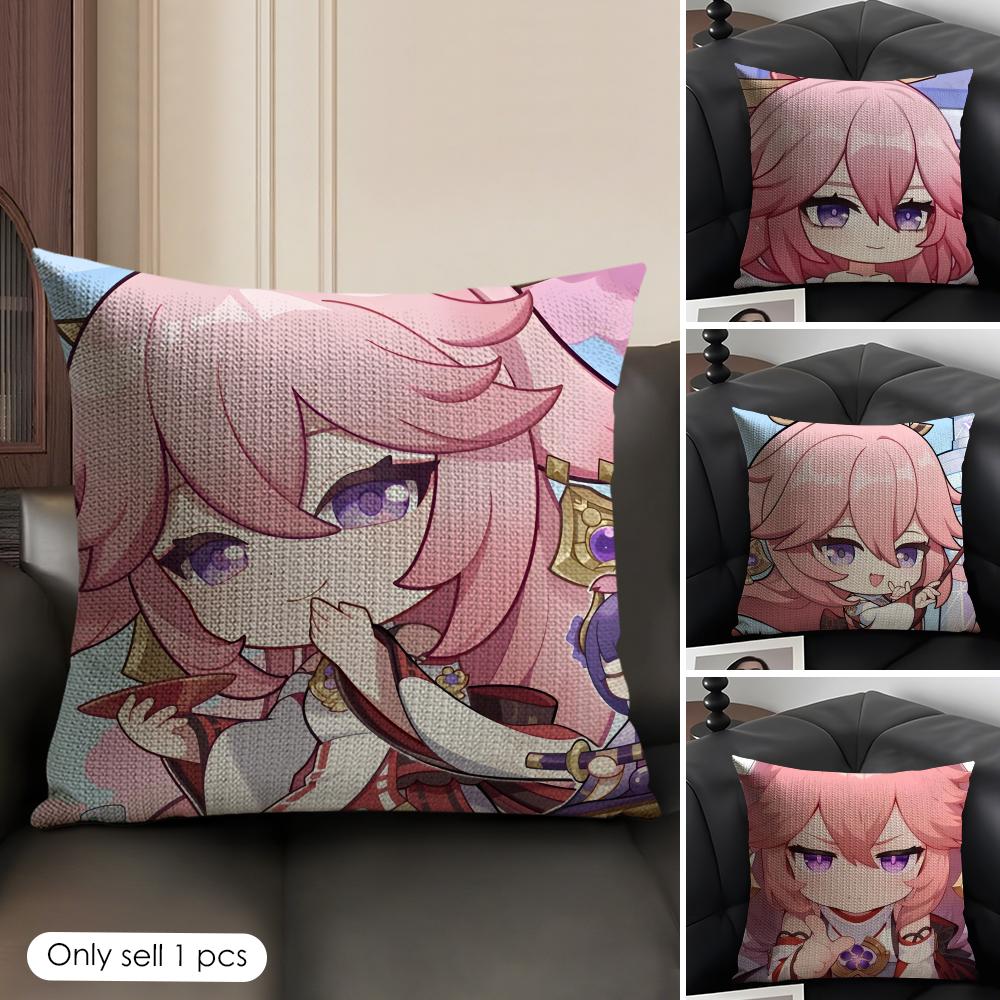 Yae Miko Cute Genshin Impact Cushion Cover Natural Linen Organic Fabric DoubleSided Printing Sofa Home Decor Gift Pillow Case