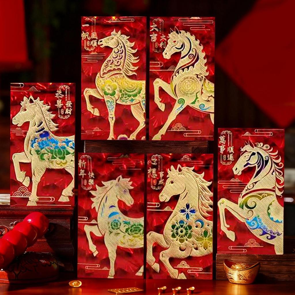 2026 Lunar New Year Red Envelopes 6 Pieces Glitter 3D Embossed Horse Year Red Envelope Chinese Spring Festival Red Envelopes