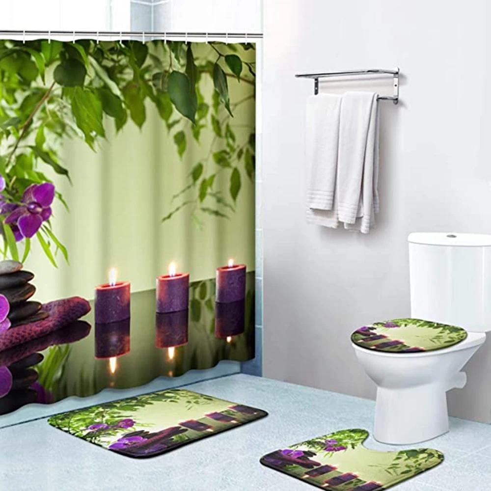 Full Set Bathroom Shower Curtain Set And Rugs Waterproof Fabric Furniture Accessory Zen Flow Water Bamboo For Bath Decoration