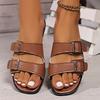 Women's Wide Width Buckle Detail Slides - Vintage Inspired Flat Sandals for Summer, Open Toe Beach Mules