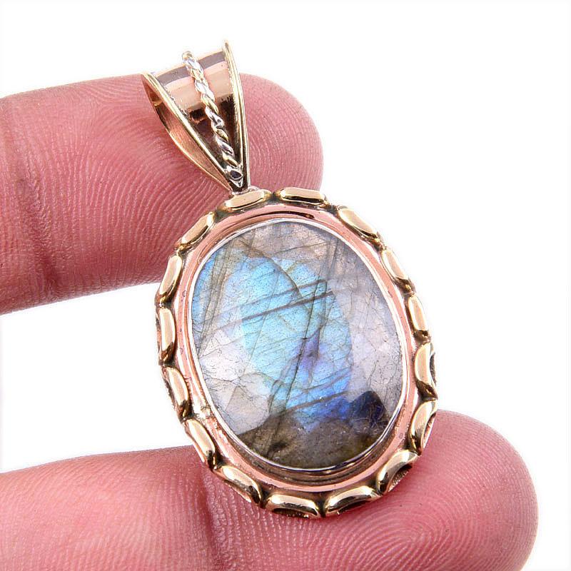 

Natural Labradorite Gemstone 925 Solid Sterling Silver TwoTone Pendant 1.5 Q4h29
