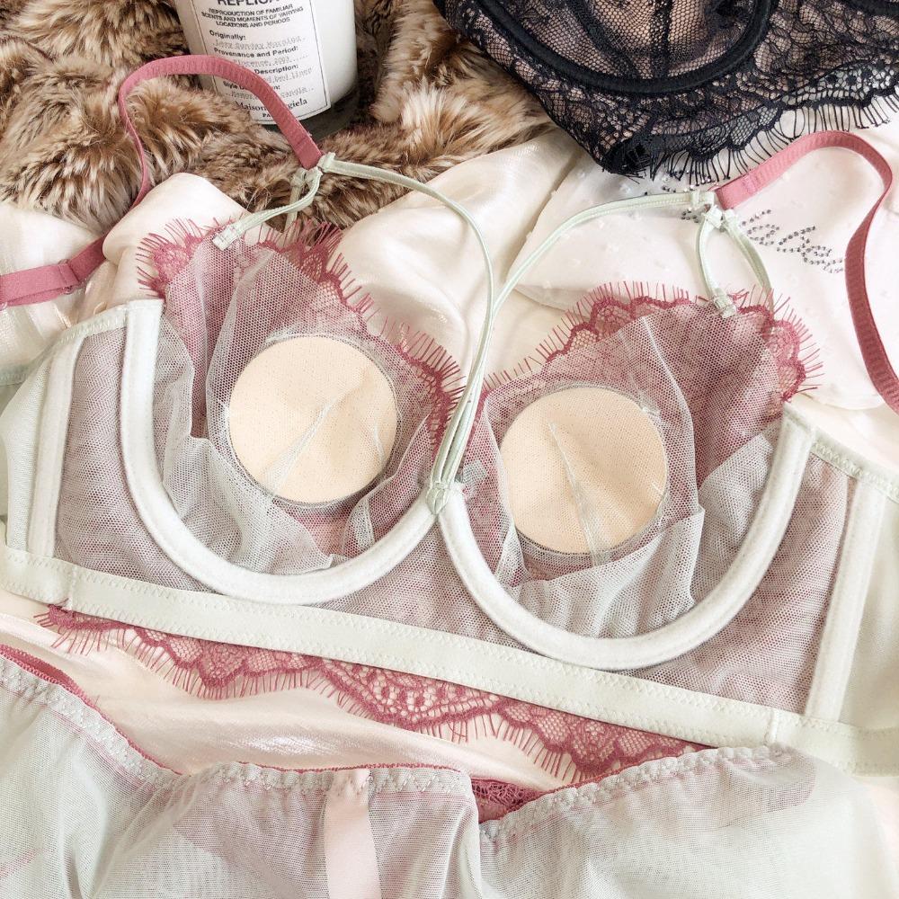 Sexy Hollow Bra Briefs Set French Thin Cup Lace Embroidery Women Underwear Wire Free Bralette Padding Comfort Plus Size Lingerie