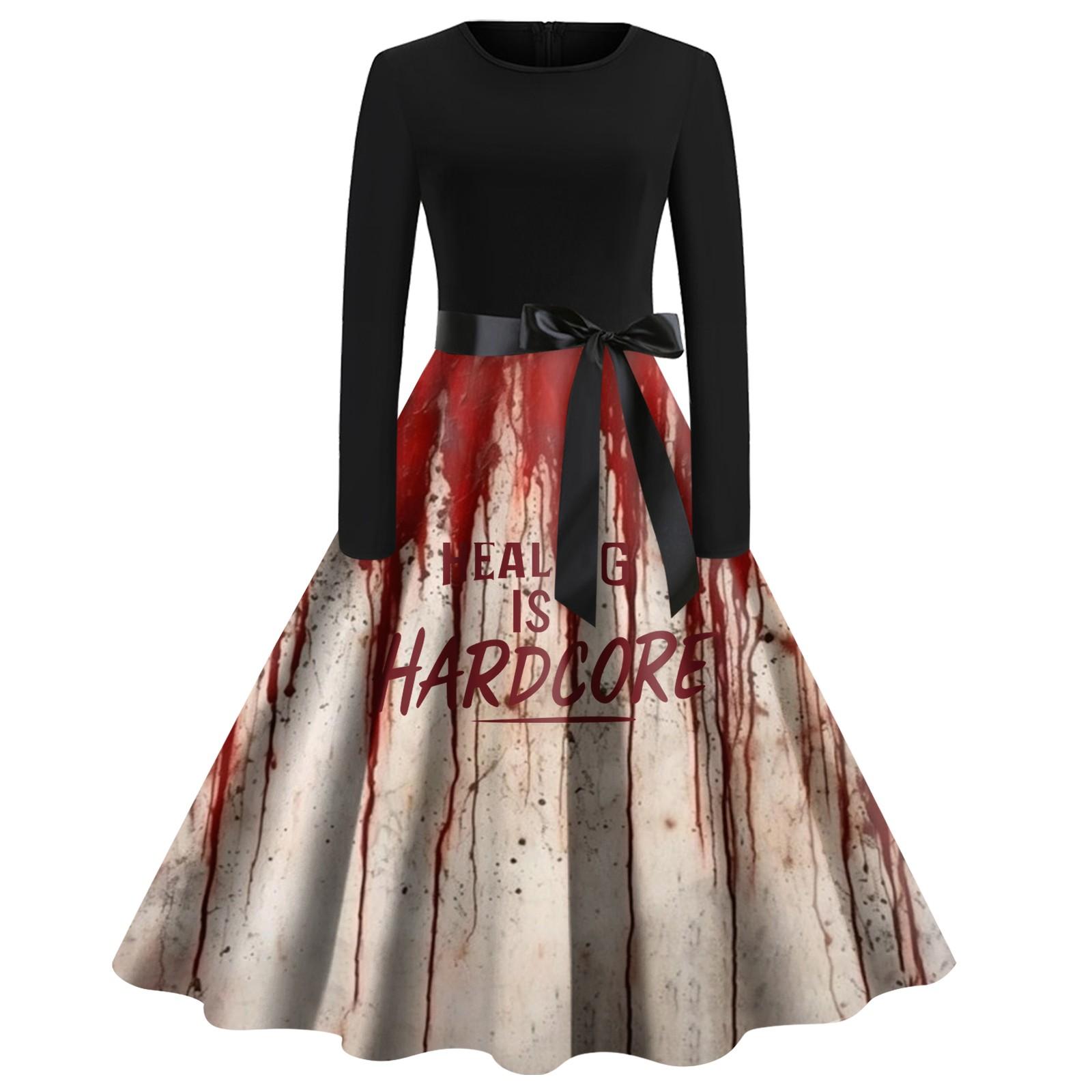 

Women Halloween Print Flare Dress Long Sleeve O-Neck Dress Party Casual Dresses XXL винний