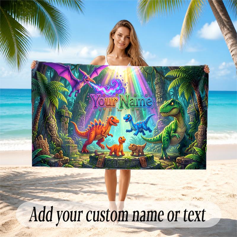 Dinosaur Theme Quick Dry Beach Towel Custom Name Text Print Large Sand Resistant Towel Beach Vacation