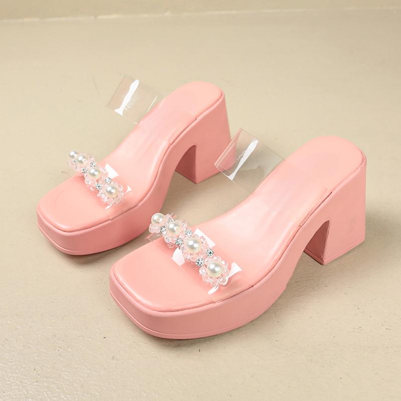 Large Size Square Heel Sandals Summer New Square Head Waterproof Table Crystal Pearl Buckle Transparent Strap High Heels