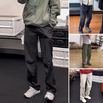 Pantalon Cargo Homme Fin Séchage Rapide Extérieur Voyage Camping Pantalon Ample Cordon de Serrage Taille Couleur Unie avec Poches Zippées Pantalon Longueur Totale
