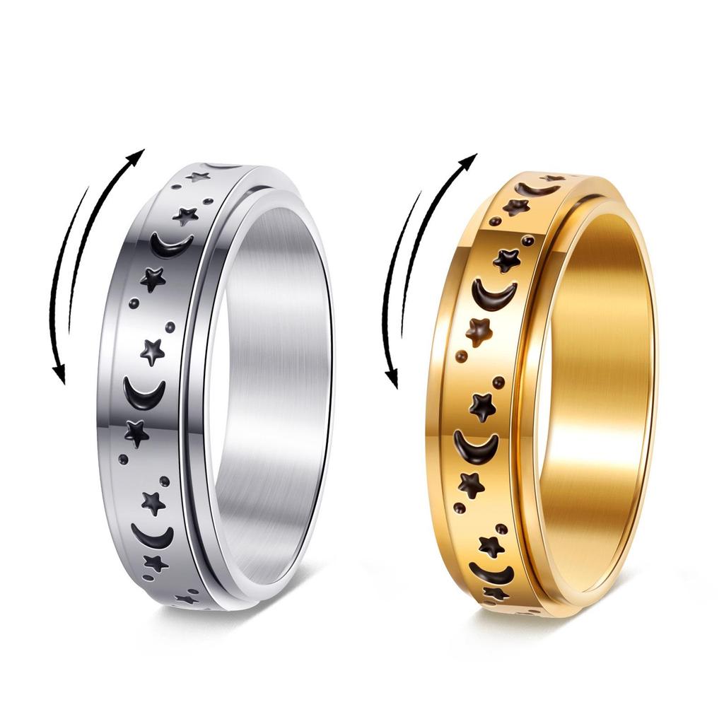 18k Gold Star & Moon Rotatable Double Layer Women's Ring - Japanese Korean Niche Design