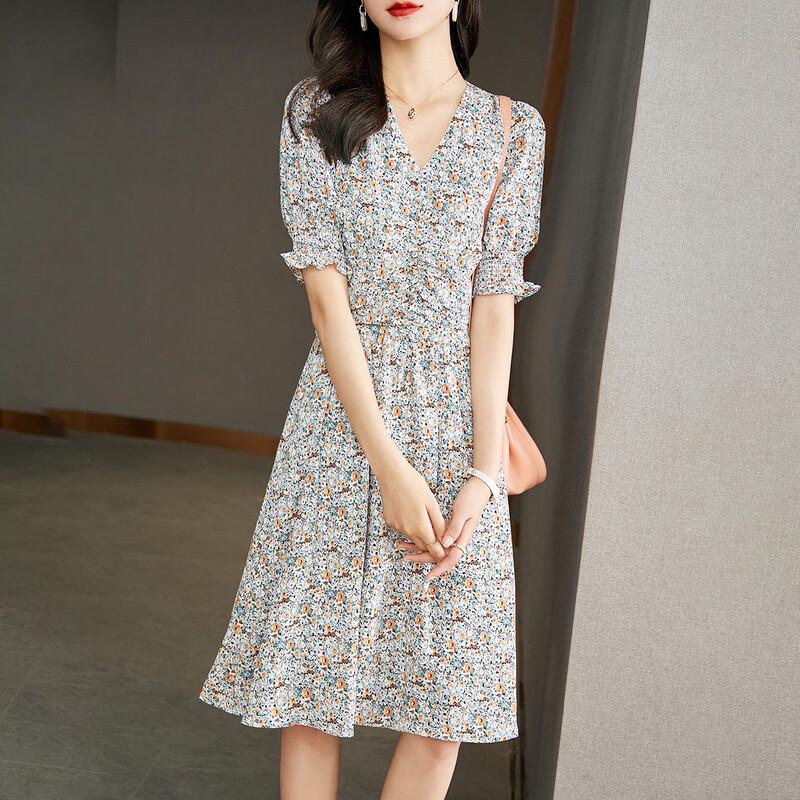 Srcr Women s V-Neck Chiffon Floral Puff-Sleeve Dress 2XL