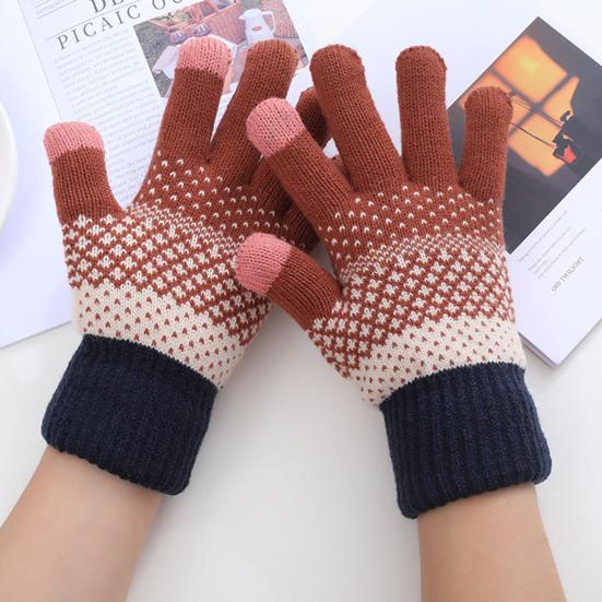 1 Pair Thickened Warm Full Fingers Touch Screen Ribbed Cuffs Women Gloves Winter Striped Splicing Double Layer Fleece Lining Knitting Gloves for Cold