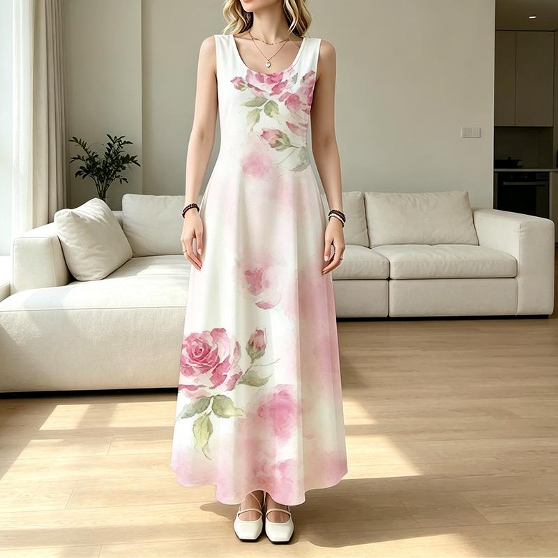 Women's Long Tank Dress Romantic Floral Sleeveless Lightweight Elegant Summer Dress for Beach Vacation Daily Outdoor & Beach Stroll