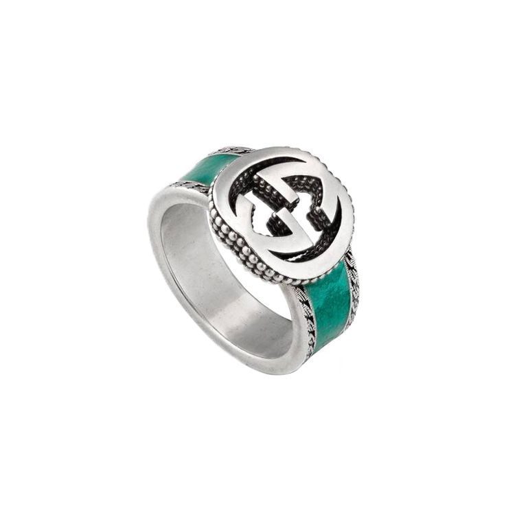 Gucci Double G Series Interlocking Double G Silver Jewelry Glossy 925 Silver Enamel Ring Unisex Rings Gem-Green 645572-J8410-8136