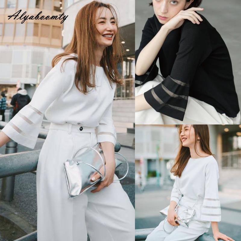 Korejská móda Jaro Léto Dámský základní top s krátkým rukávem O-výstřih Bílý Černý Pletený T-shirt Zvonový rukáv Ležérní Volný Pletený Dámský T-shirt