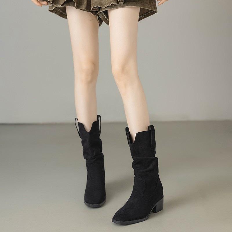 Spring retro cowboy boots new pointed thick heel pleated Martin boots stacked short knight boots