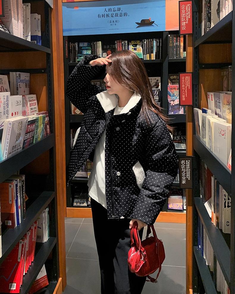 Short Dot Thickened Warm Cotton-padded Coat Jacket with Velvet Lapel