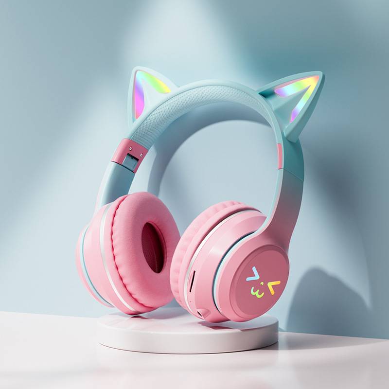 Cuffie wireless sfumate RGB auricolari Bluetooth con orecchie di gatto carine con microfono, auricolari stereo per musica e giochi, regali per bambini