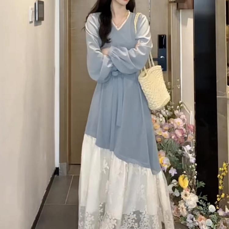 Herbst Französisches Temperament Spitzen-Patchwork-Kleid Damen Sanfter Stil Taillenbetonend High-End Langer Rock ins