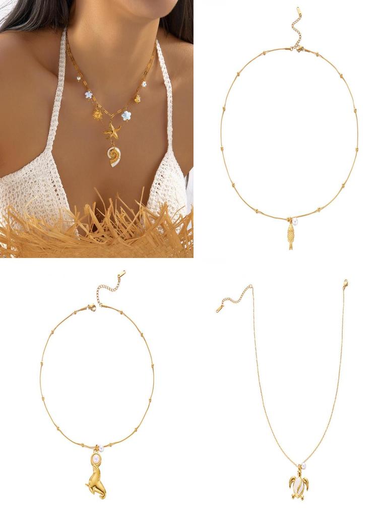 Ocean Style Stainless Steel Necklace With Shell Beads And Animal For Women And Men