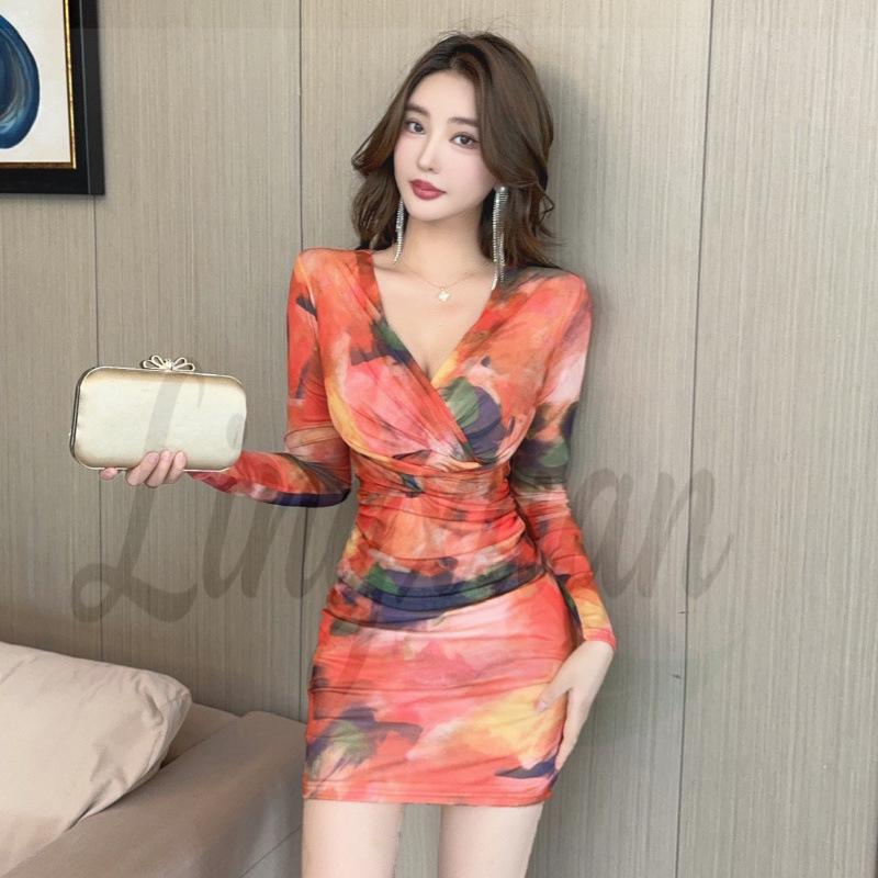 Socialite Sheer V-Neck Long-Sleeve Bodycon Dress Small цветочный