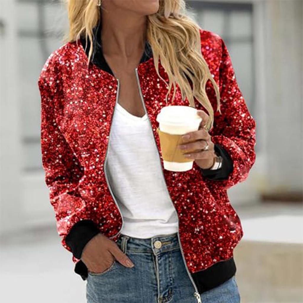 Women's Fashion Long Sleeve Sequin Print Round Neck Zip Jacket