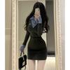 College style gray knitted dress women's autumn and winter new temperament with fake two-piece short skirt