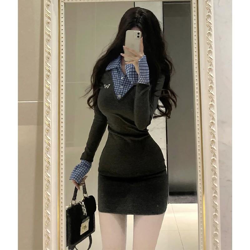 College style gray knitted dress women's autumn and winter new temperament with fake two-piece short skirt