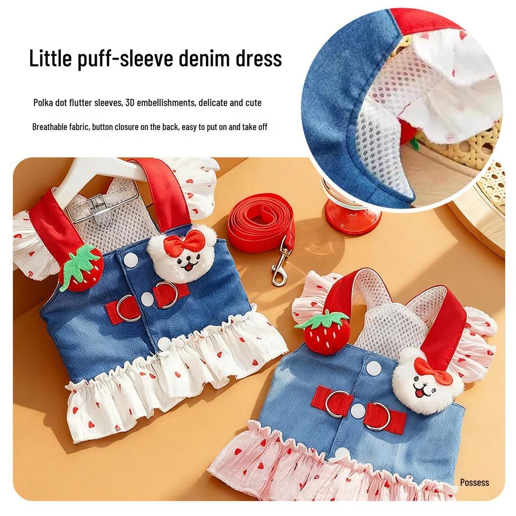 Denim Teddy Bichon Puppy Clothes for Small Dogs - Cute Leashed Harness, Autumn/Spring Style