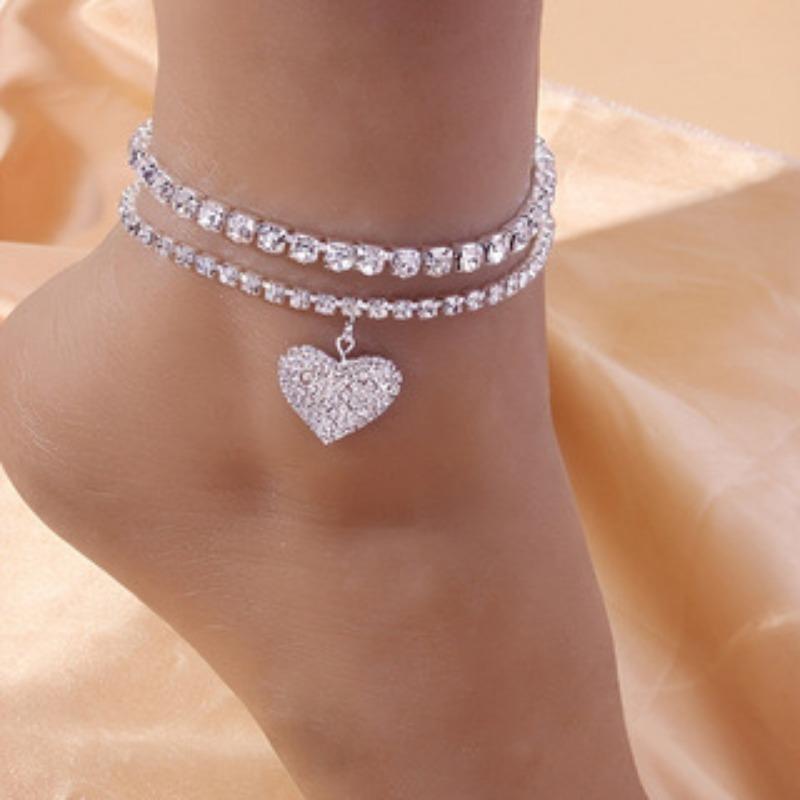 Personalisierte Pfirsichherz Strandfußdekoration Zweiteiliges Set Sexy Voll-Diamant Vielseitig Glänzend Liebe Strass Fußkettchen