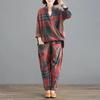 Set 2 Pezzi Donna Completi Pantaloni Casual Autunno Stile Vintage Motivo a Quadri Ampio Top Femminile e Pantaloni Harem