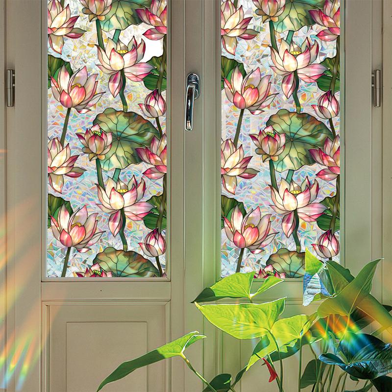 Window Film Static Cling Privacy Protection Stained Glass Film PVC Stained Colorful Plants Flowers Printed Home Decor Stickers