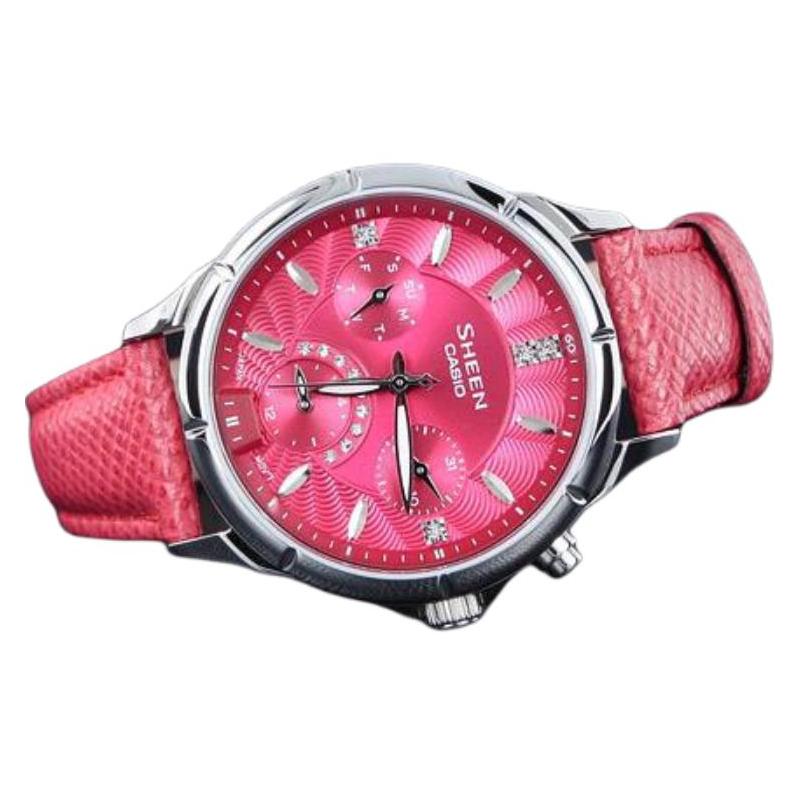 Casio CASIOSHEEN Series Waterproof Quartz Movement Leather Strap Japanese and Korean Watch Women's Watch Red Dial SHE-3047L-4A
