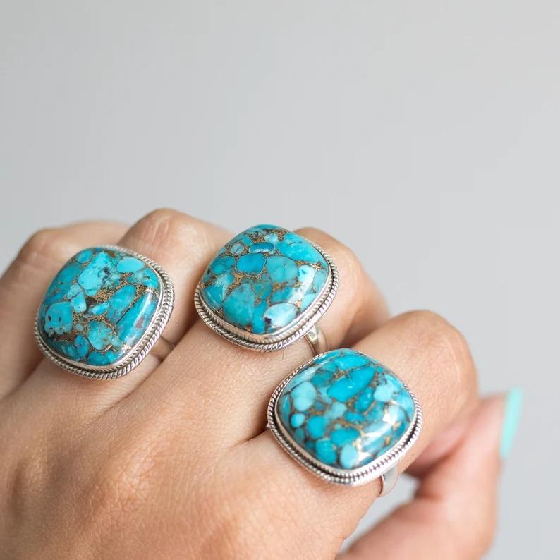 Lab Türkis Edelstein Ring, Massiver 925 Sterling Silber Ring, Geschenk für Sie, Boho Ring, Massiver Silber Ring, handgefertigter Schmuck