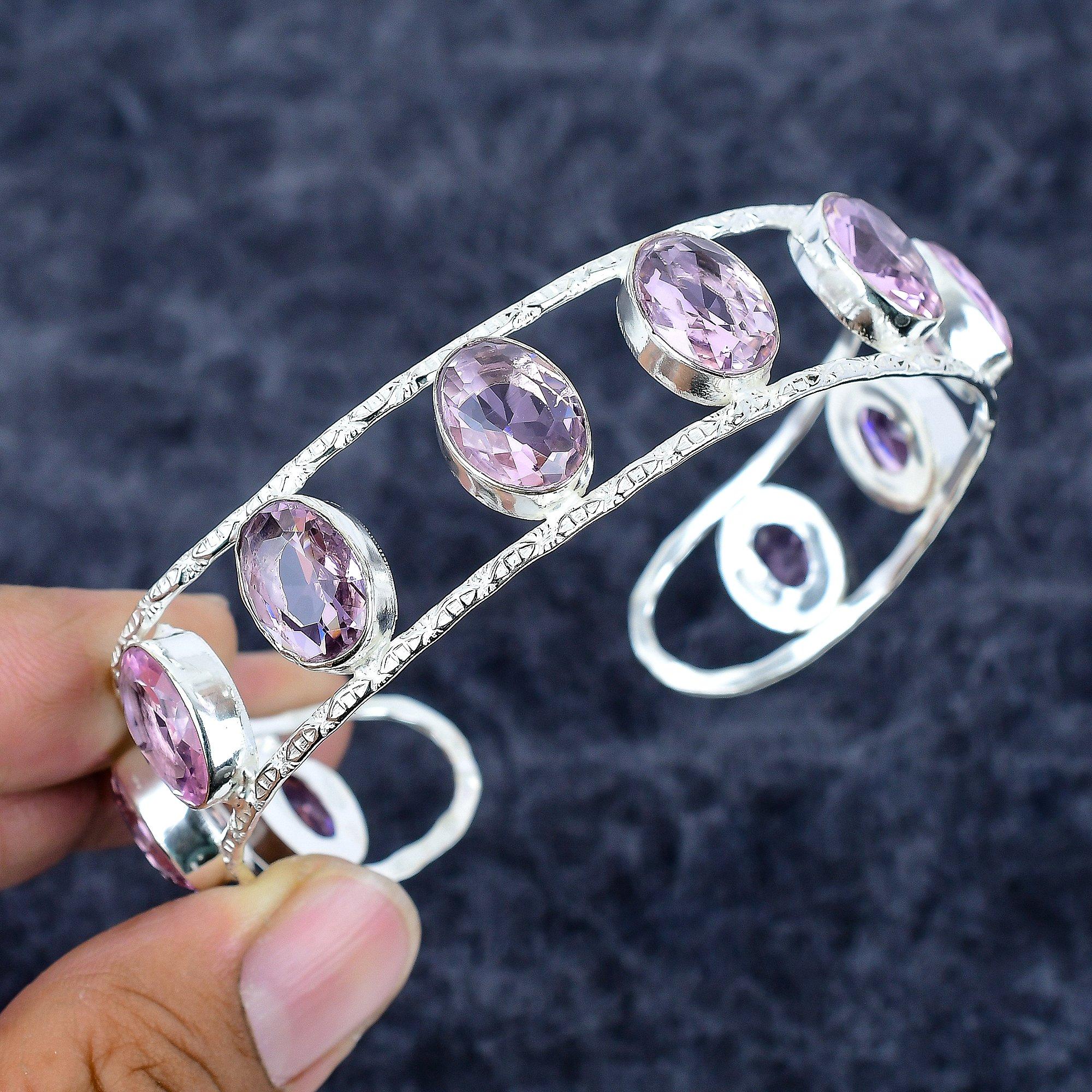 

Pink Kunzite Gemstone Handmade 925 Sterling Silver Cuff Bangle Adjustable M-3335