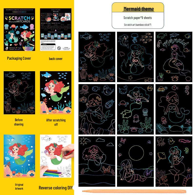 Conjunto Colorido de Arte Scratch: Livro de Rabiscos e Desenhos DIY de Desenho Animado para Crianças