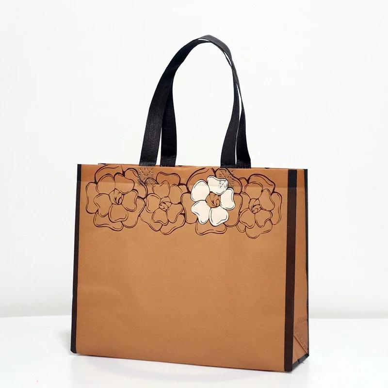 10PCS Rose Printing Packaging Shopping Bag Handle Waterproof Non Woven Fabric Gift Bags Black Clothing Store HandBag