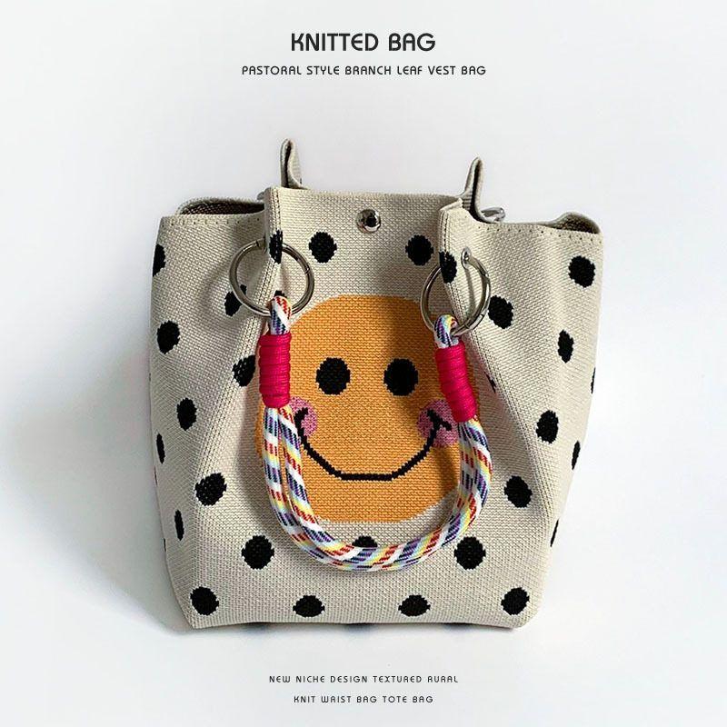 

Handbag Small Carrying Bag Summer New Cartoon Pattern Versatile Commuter Bucket Bag Large Capacity Portable Shoulder Bag Wave Point Smiling Face