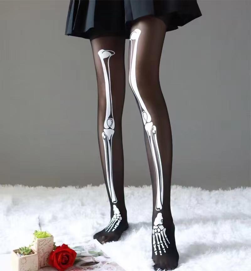 Fashion Tights Sexy Skeleton Legging Nightclub Bar Stockings Halloween Skull Bones Black Pantyhose for Women Young Girls