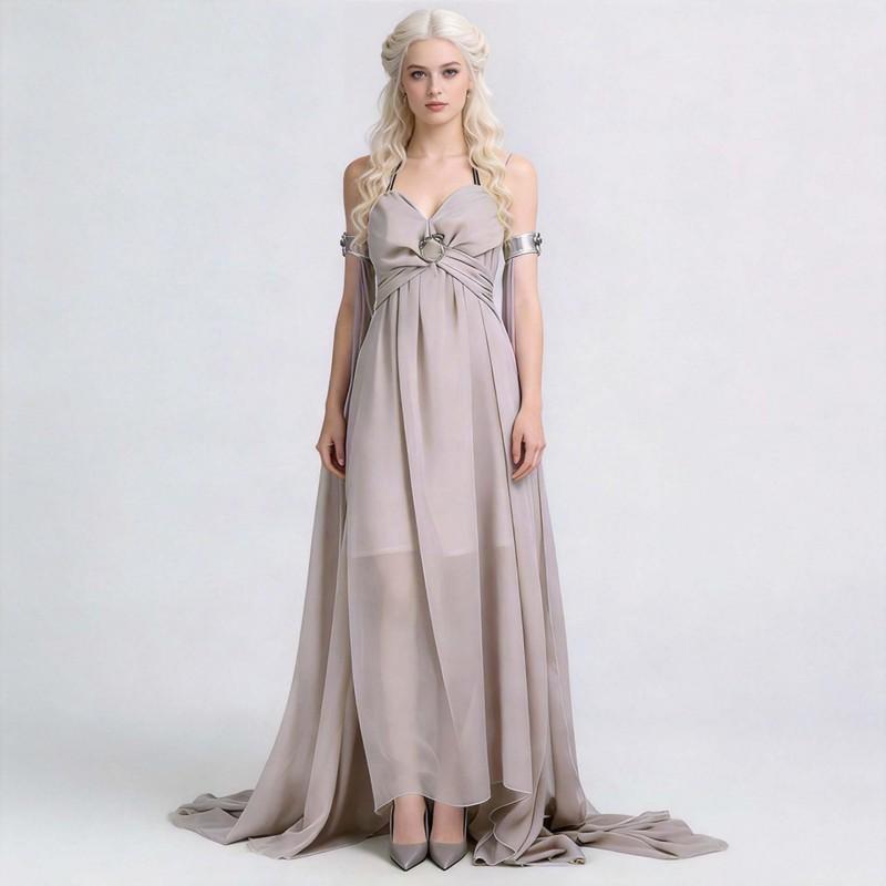 Halloween Game Of Thrones Daenerys Cosplay Dress Greek Style Grey Trailing Gown Party