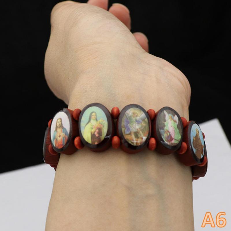 

Wooden Rosary Bracelet - Elegant Religious Icon Stickers, Drip Oil Finish, Spiritual Beaded Prayer Jewelry For Devotional Wear