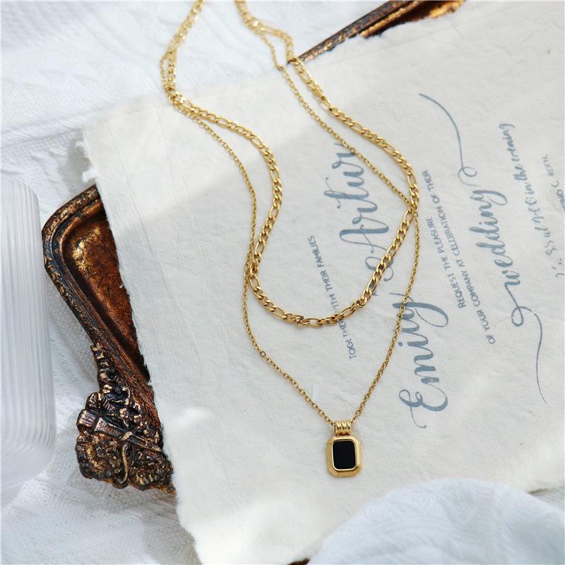 Double Layer Black Square Pendant Gold Necklace - Stackable Clavicle Chain Choker for Women