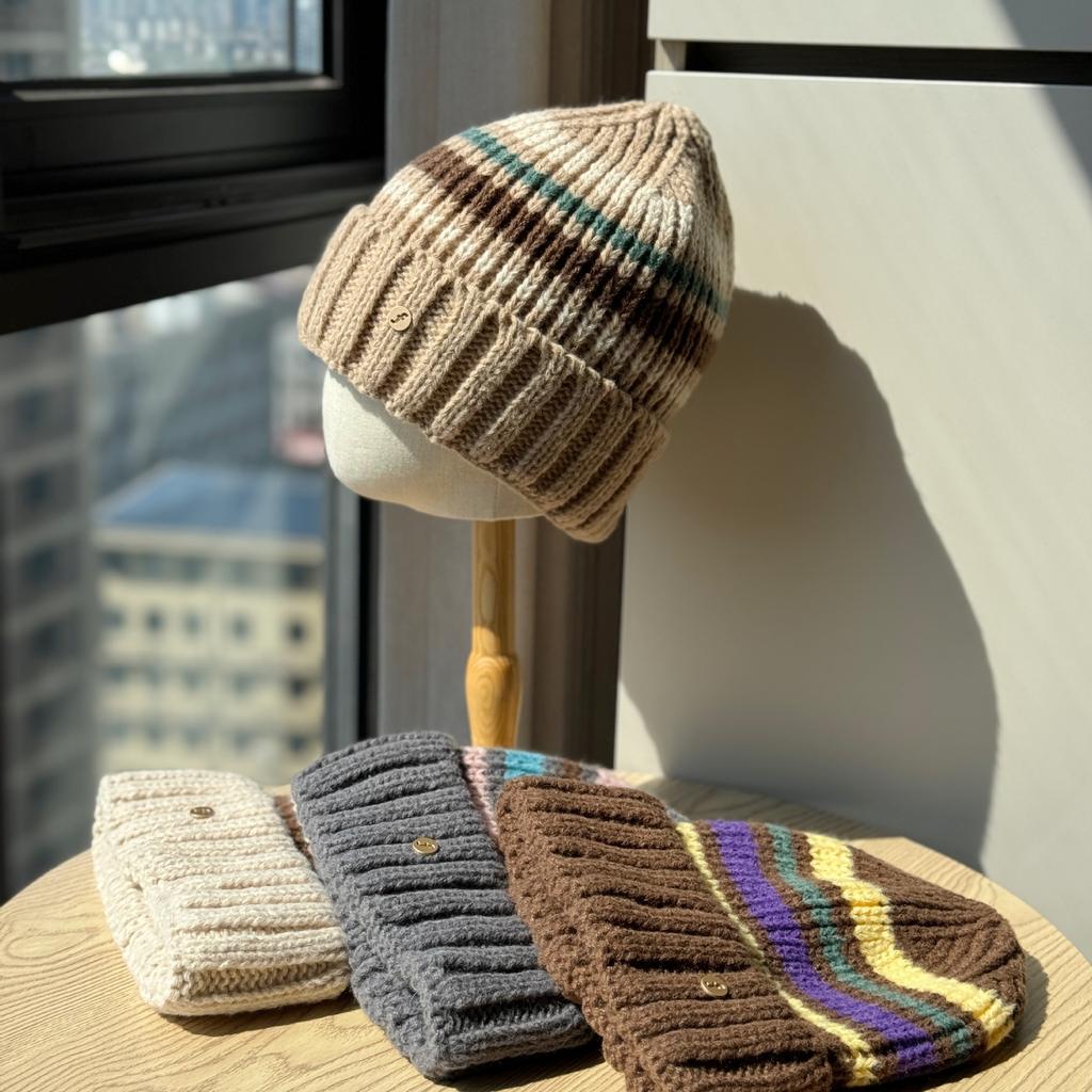 Color Block Striped Woolen Hat for Women Warm and Ear Protecting Street Versatile Winter Knitted Hat for Women Trendy
