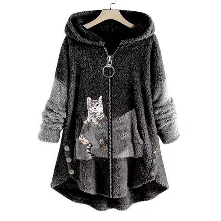 Hoodie Coat Jacket Women Hooded sweatshirt Patchwork Cat Print Zipper Thick Overcoat Streetwear Female Autumn Winter Outerwear