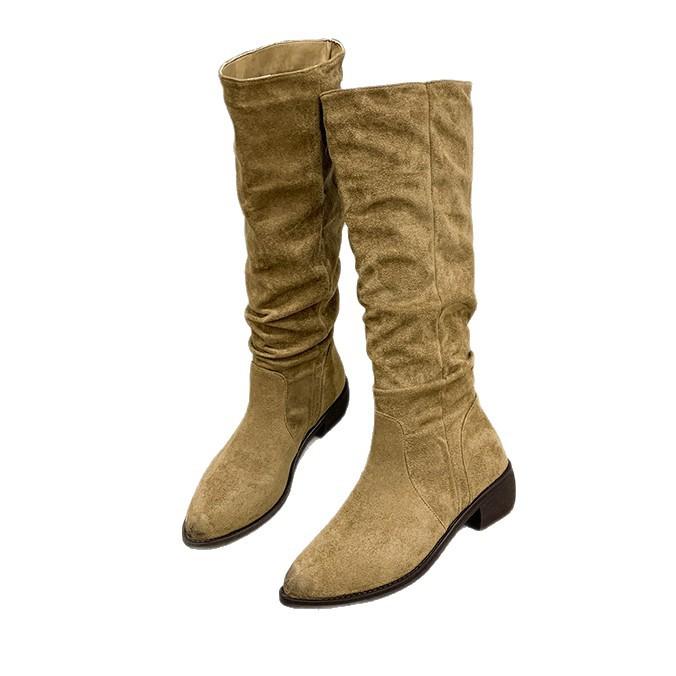 Western cowboy boots women's 2025 new spring and autumn thick heel stacking boots retro thick leg thin long knight boots