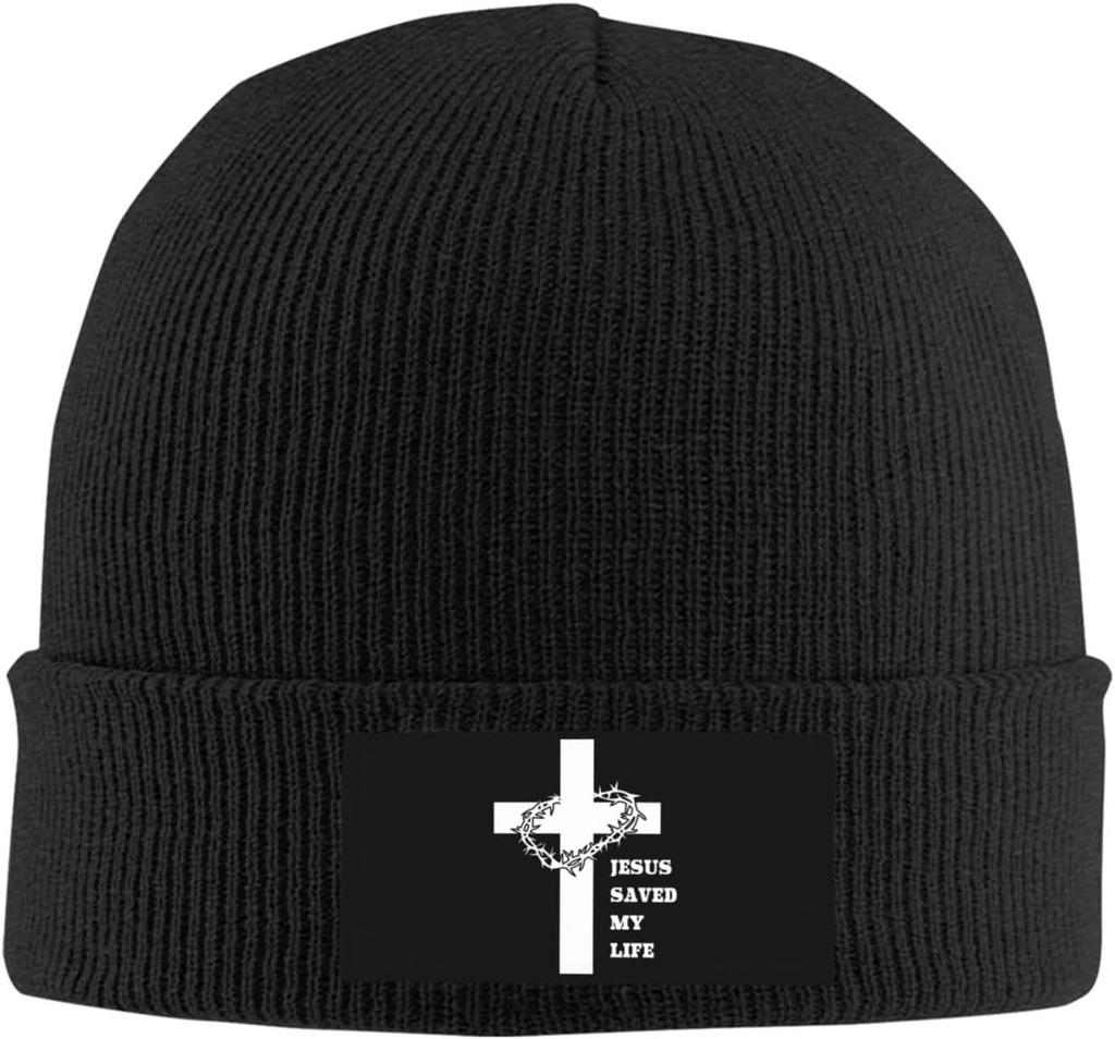 Black Knitted Beanie with Faith Over Fear  Cross Patch Religious Inspirational Winter Warm Skull Cap for Unisex Women
