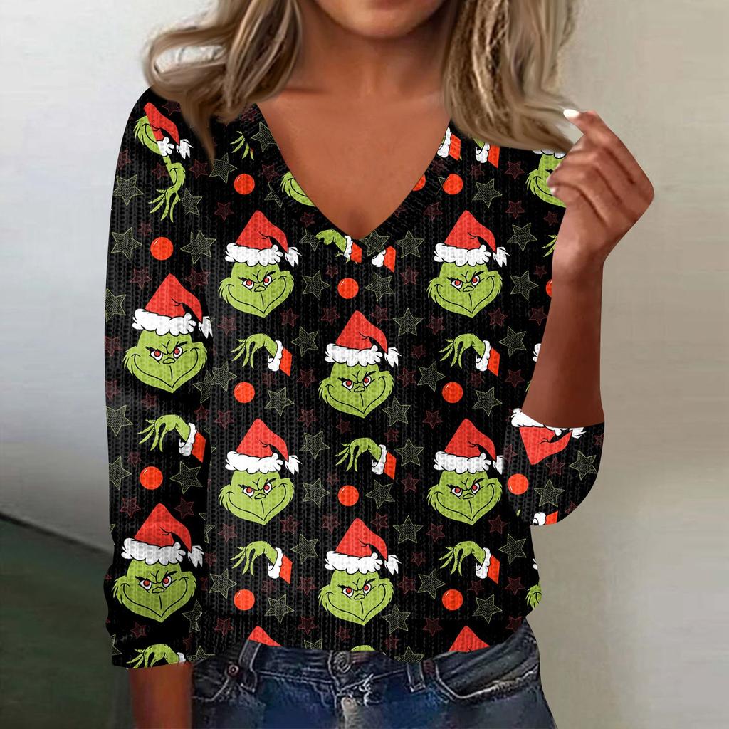 Women's Cute Sweatshirt Knitted Fashion Casual V-neck Long-sleeved  Cozy Print Top