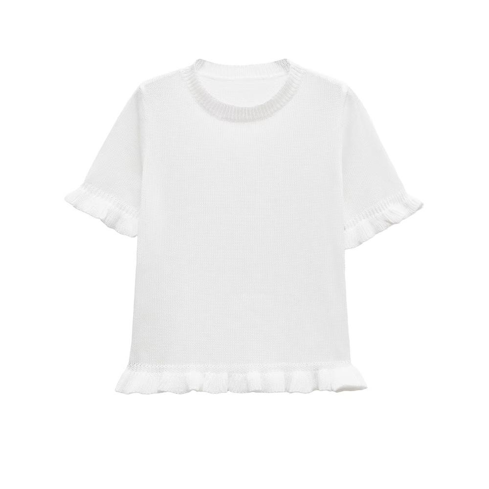 

2025 Spring/Summer Women s Elegant Ruffle Round Neck Short Sleeve Knit Top. Medium
